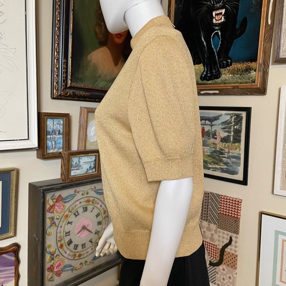St John Basics Metallic Gold Knit Waist Length Short Sleeve Sweater Size M - Picture 2 of 4